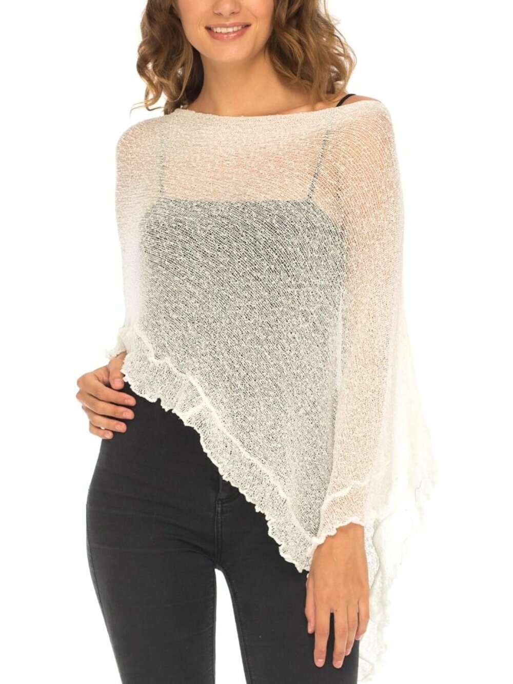 Women’s Off White Sheer Knit Poncho Shrug Lightweight Asymmetrical Ruffle Wraps